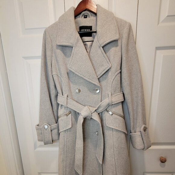 GUESS Wool Blend Doublebreasted Gray Coat NWOT w/ Silver Buttons - Picture 2 of 16